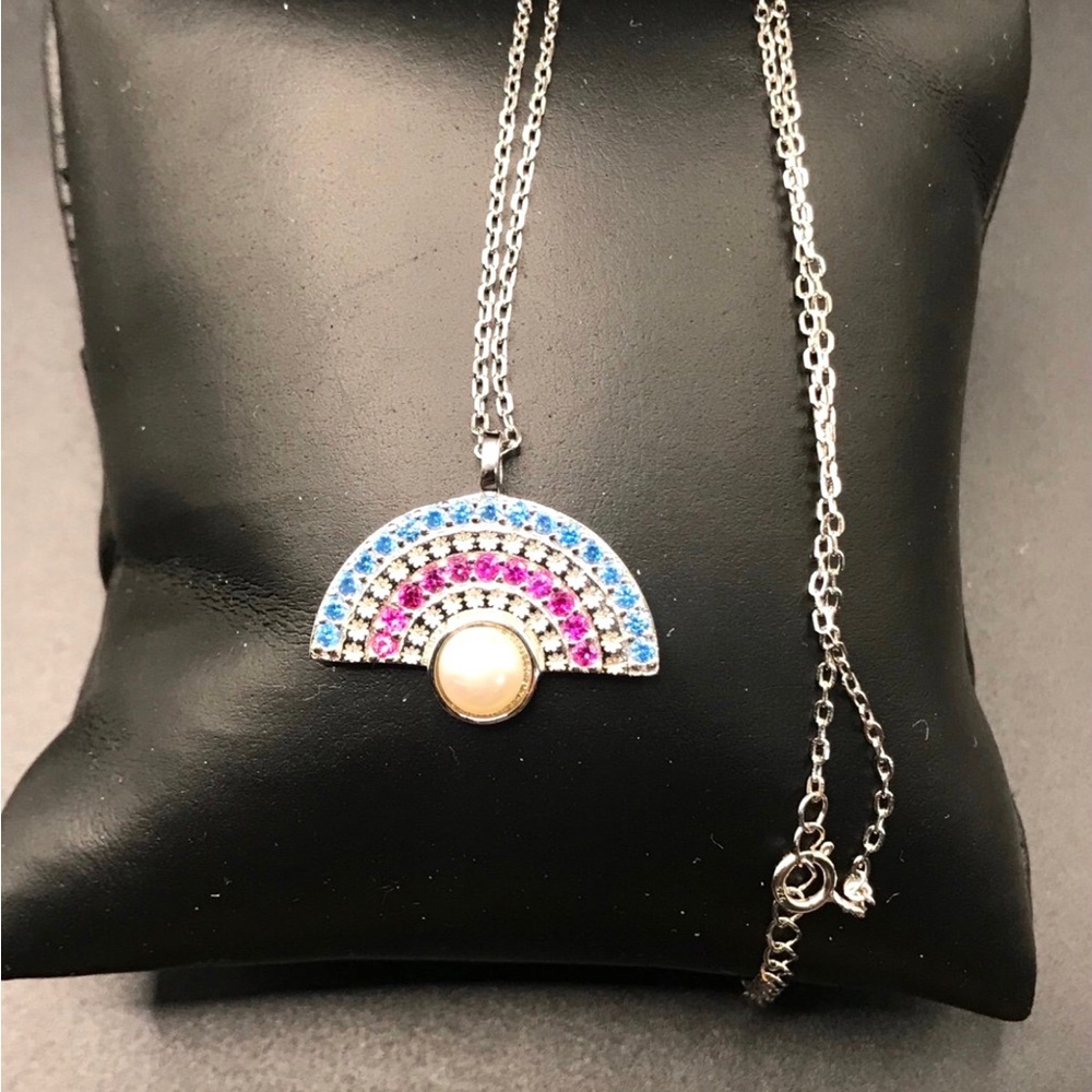 925 Sterling Silver Rainbow Multiple Stones and Pearl Necklace Size 18”